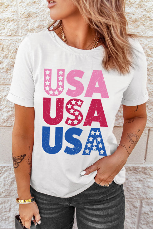 Stacked USA Starry Letter Graphic Distressed Short Sleeve Tee
