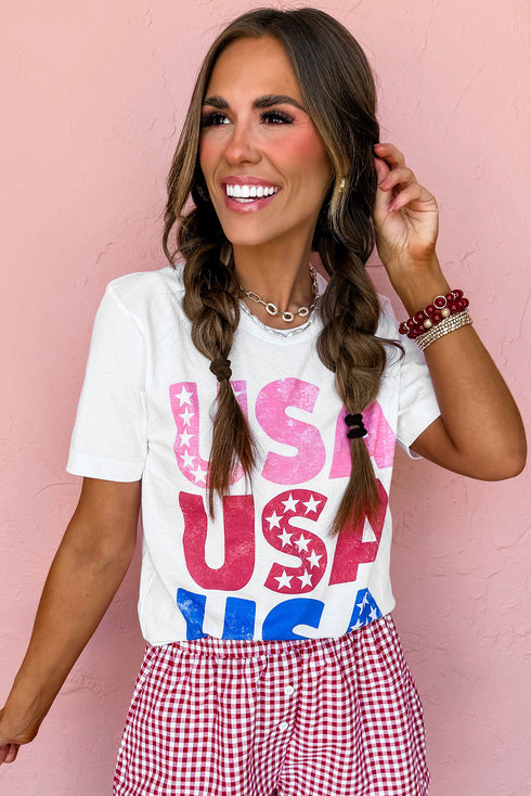 Stacked USA Starry Letter Graphic Distressed Short Sleeve Tee