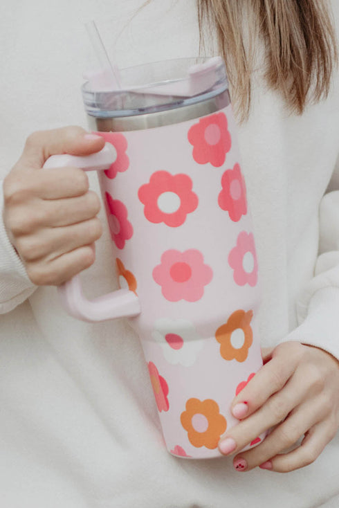Stainless Steel Floral Print Handle Vacuum Insulated Tumbler