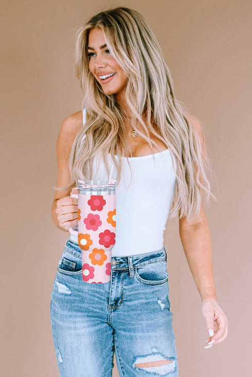 Stainless Steel Floral Print Handle Vacuum Insulated Tumbler