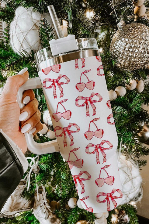 Stainless Steel Fruit Print Bow Detail Travel Tumbler