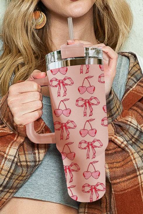 Stainless Steel Fruit Print Bow Detail Travel Tumbler
