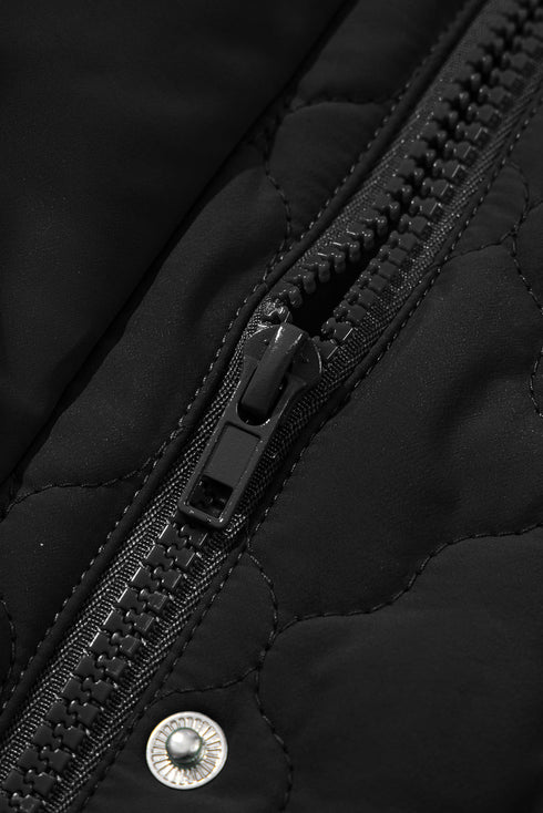 Stand Collar Flower Quilted Snap Button Zip Vests