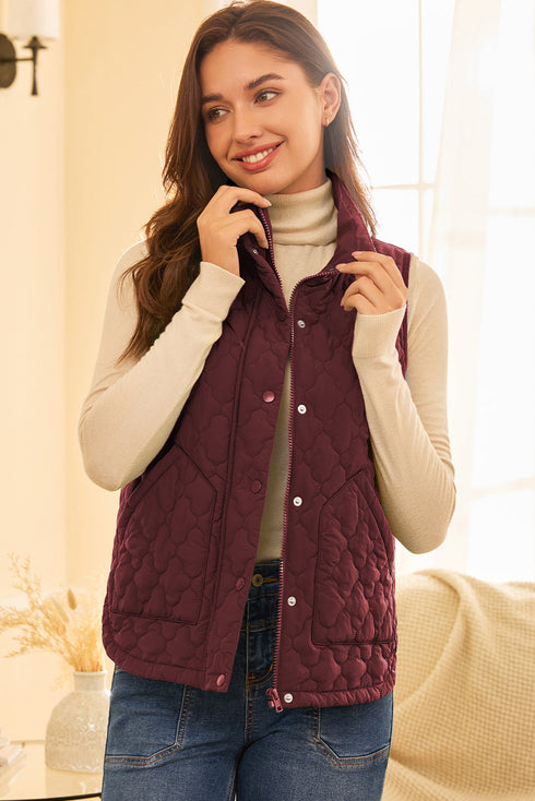 Stand Collar Flower Quilted Snap Button Zip Vests