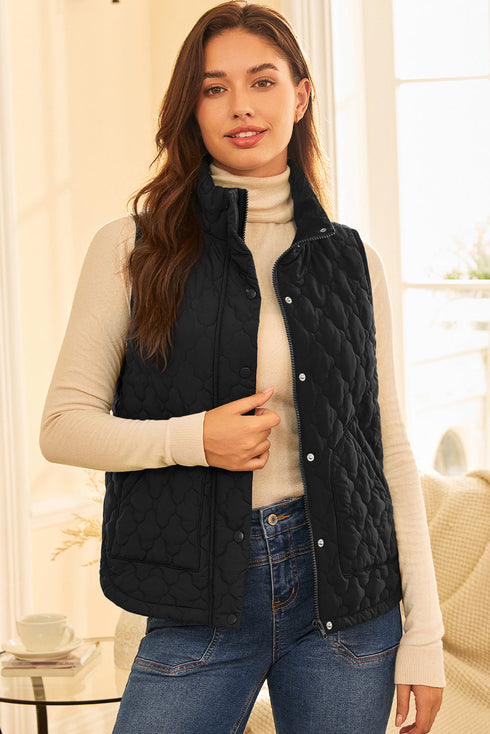Stand Collar Flower Quilted Snap Button Zip Vests