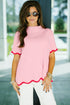 Stand Neck Contrast Wavy Trim Knit Short Sleeve Sweater