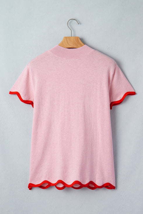 Stand Neck Contrast Wavy Trim Knit Short Sleeve Sweater