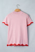 Stand Neck Contrast Wavy Trim Knit Short Sleeve Sweater