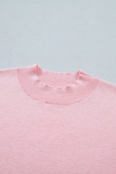 Stand Neck Contrast Wavy Trim Knit Short Sleeve Sweater