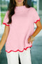 Stand Neck Contrast Wavy Trim Knit Short Sleeve Sweater