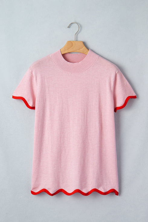 Stand Neck Contrast Wavy Trim Knit Short Sleeve Sweater