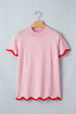 Stand Neck Contrast Wavy Trim Knit Short Sleeve Sweater