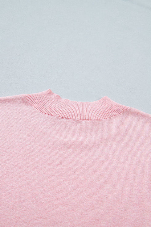 Stand Neck Contrast Wavy Trim Knit Short Sleeve Sweater
