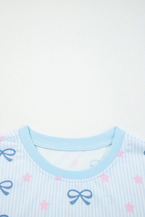 Star And Stripe Print Bow Detail Two Piece Lounge Set