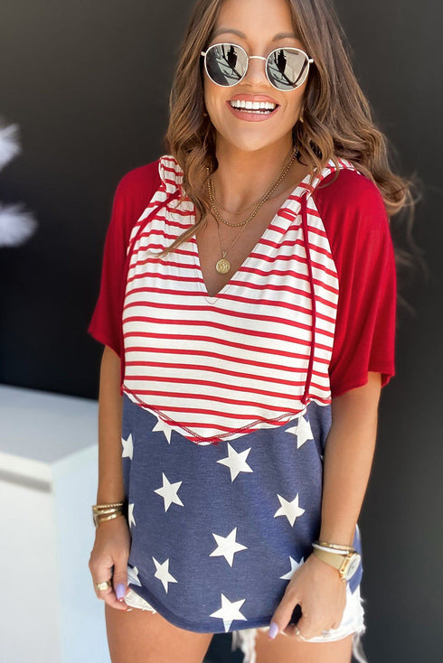 Star And Stripe Print Short Sleeve Drawstring Hooded T Shirt
