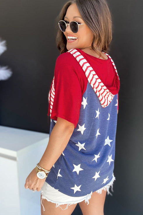 Star And Stripe Print Short Sleeve Drawstring Hooded T Shirt