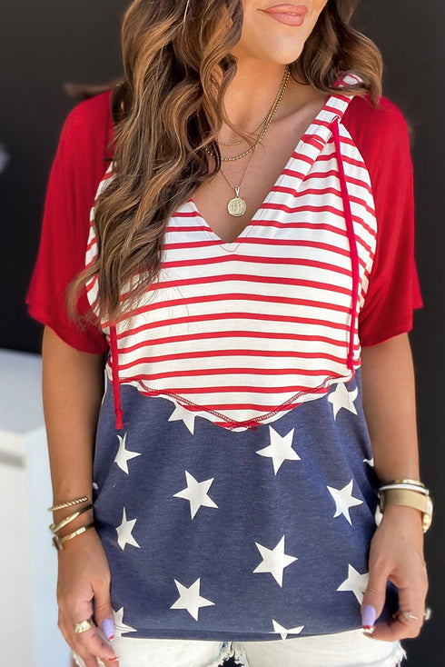 Star And Stripe Print Short Sleeve Drawstring Hooded T Shirt
