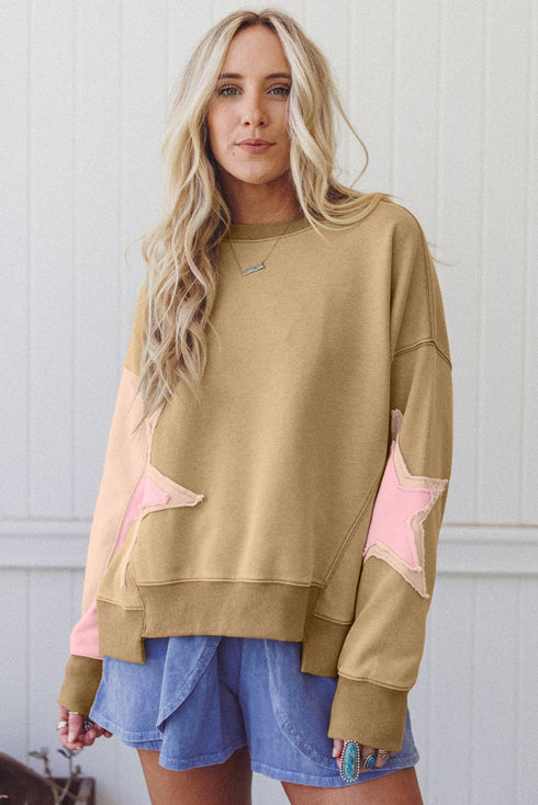 Star Applique Contrast Patchwork Exposed Seam Drop Shoulder Sweatshirt