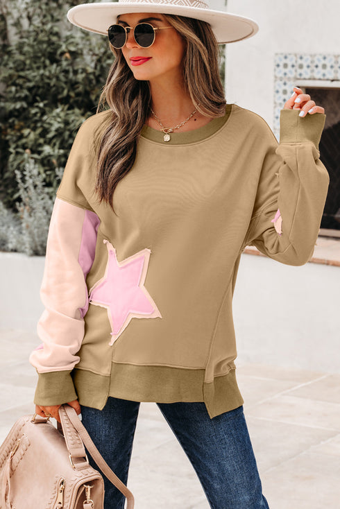 Star Applique Contrast Sleeve Crew Neck Pullover Sweatshirt