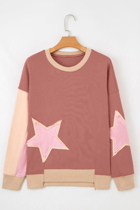 Star Applique Contrast Sleeve Crew Neck Pullover Sweatshirt