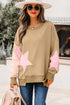 Star Applique Contrast Sleeve Crew Neck Pullover Sweatshirt