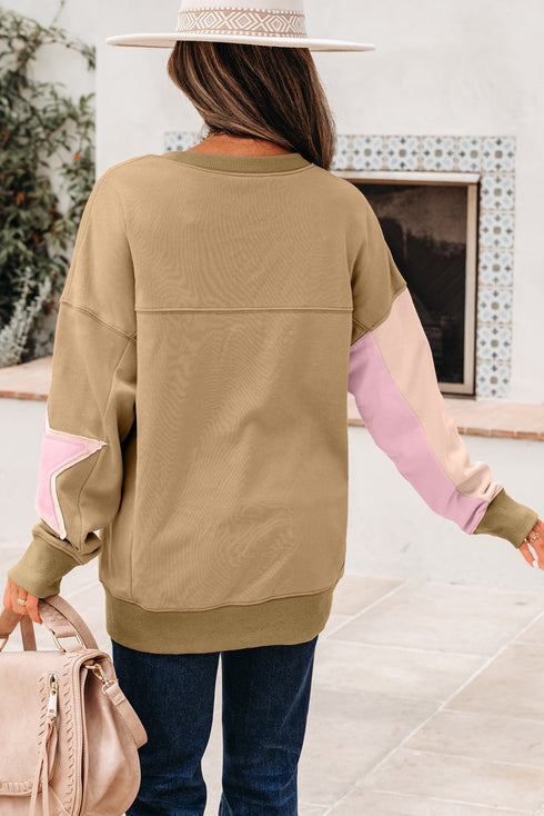 Star Applique Contrast Sleeve Crew Neck Pullover Sweatshirt