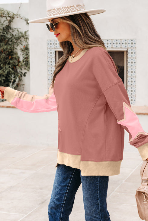 Star Applique Contrast Sleeve Crew Neck Pullover Sweatshirt