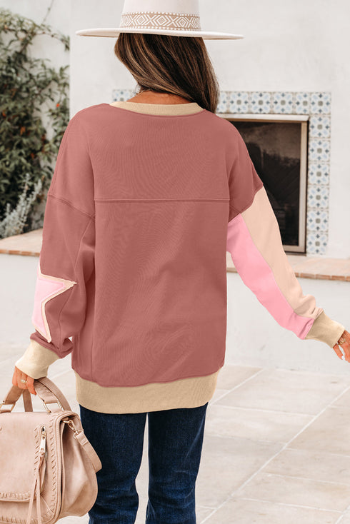 Star Applique Contrast Sleeve Crew Neck Pullover Sweatshirt