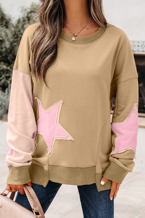 Star Applique Contrast Sleeve Crew Neck Pullover Sweatshirt