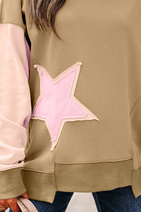 Star Applique Contrast Sleeve Crew Neck Pullover Sweatshirt