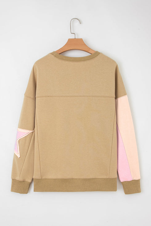Star Applique Contrast Sleeve Crew Neck Pullover Sweatshirt