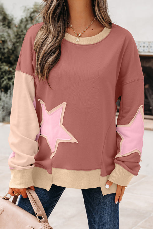 Star Applique Contrast Sleeve Crew Neck Pullover Sweatshirt