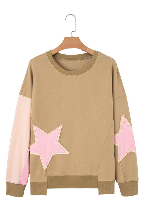 Star Applique Contrast Sleeve Crew Neck Pullover Sweatshirt