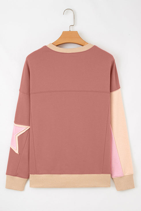 Star Applique Contrast Sleeve Crew Neck Pullover Sweatshirt