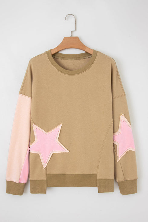 Star Applique Contrast Sleeve Crew Neck Pullover Sweatshirt