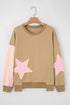 Star Applique Contrast Sleeve Crew Neck Pullover Sweatshirt