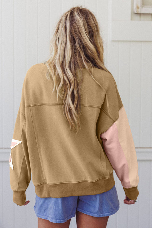 Star Applique Contrast Sleeve Crew Neck Pullover Sweatshirt