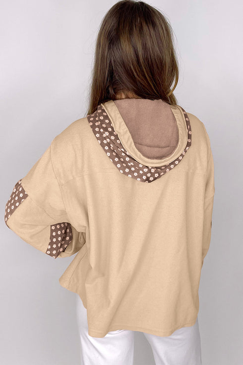 Star Applique Floral Print Sleeve Raw Edge Hoodie