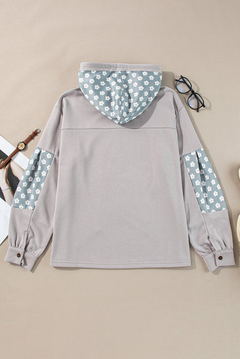 Star Applique Floral Print Sleeve Raw Edge Hoodie