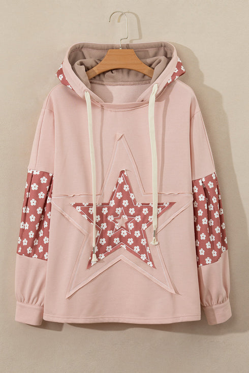 Star Applique Floral Print Sleeve Raw Edge Hoodie