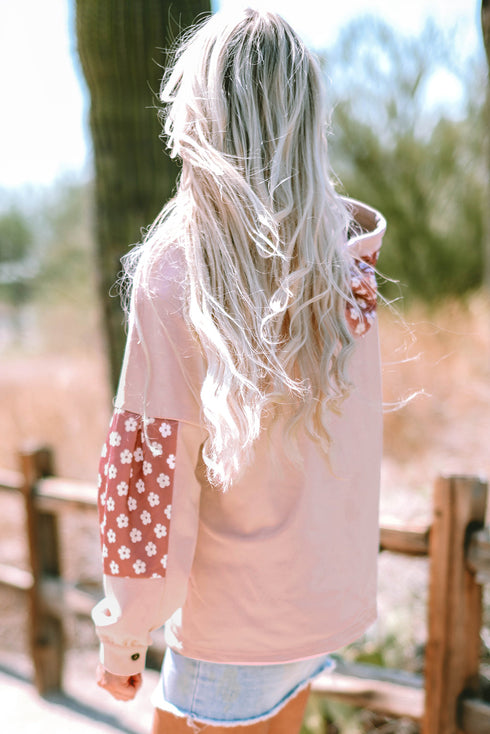 Star Applique Floral Print Sleeve Raw Edge Hoodie