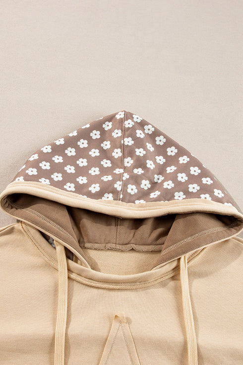 Star Applique Floral Print Sleeve Raw Edge Hoodie