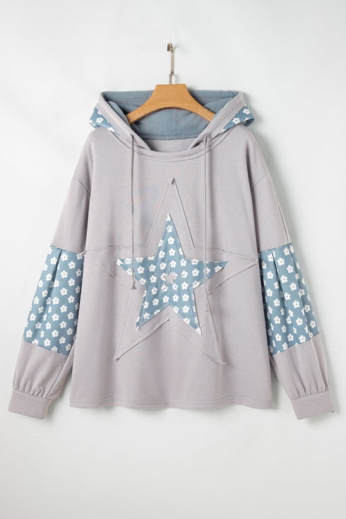 Star Applique Floral Print Sleeve Raw Edge Hoodie