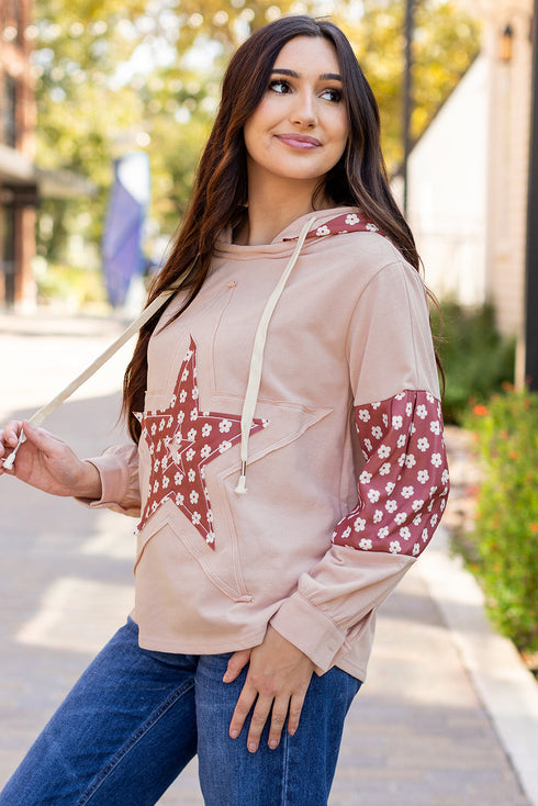 Star Applique Floral Print Sleeve Raw Edge Hoodie