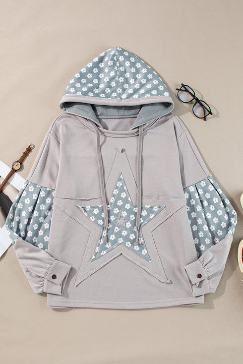 Star Applique Floral Print Sleeve Raw Edge Hoodie