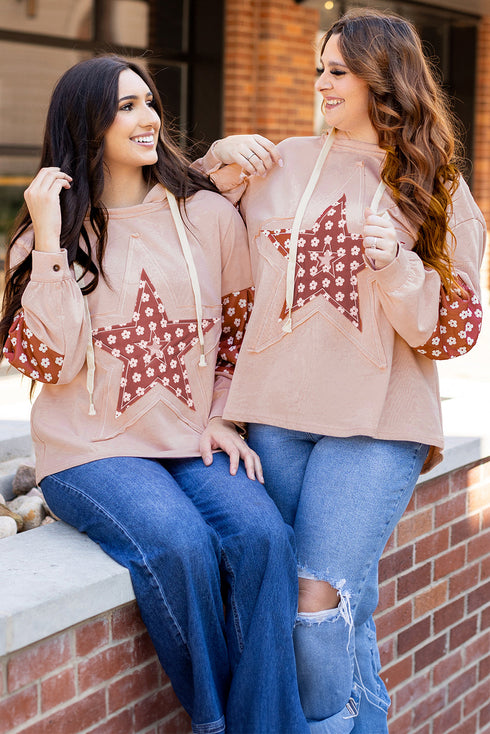 Star Applique Floral Print Sleeve Raw Edge Hoodie