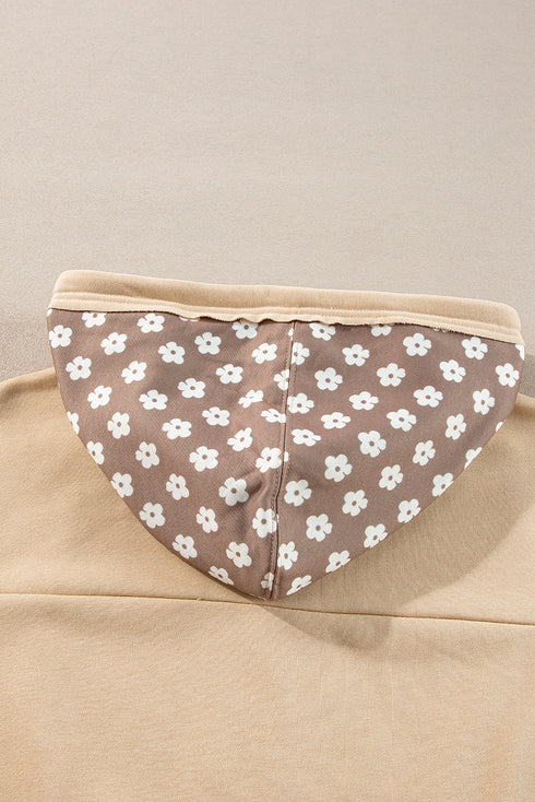 Star Applique Floral Print Sleeve Raw Edge Hoodie