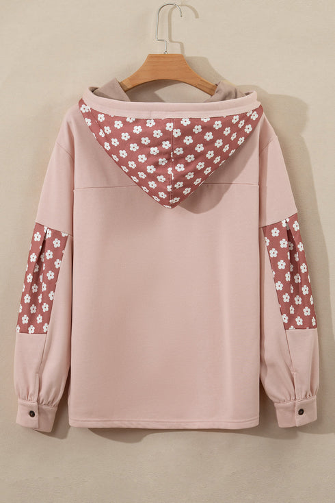 Star Applique Floral Print Sleeve Raw Edge Hoodie