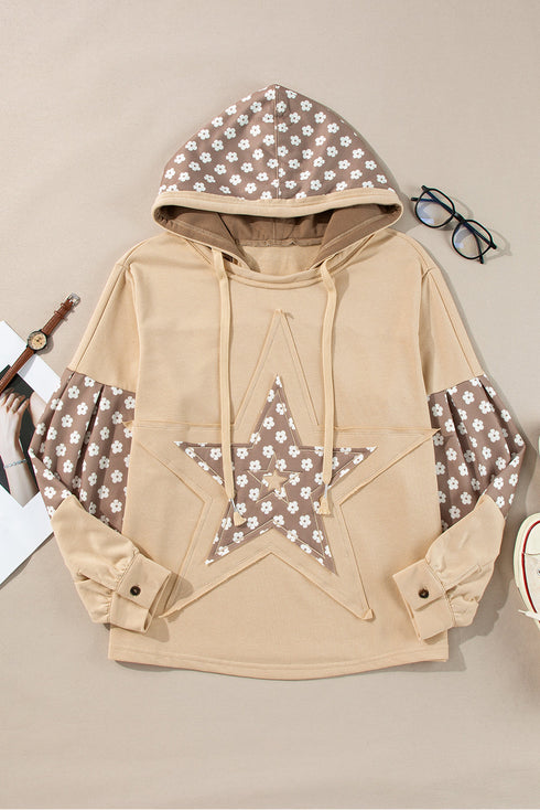 Star Applique Floral Print Sleeve Raw Edge Hoodie