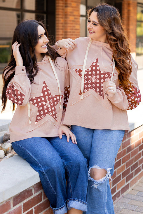 Star Applique Floral Print Sleeve Raw Edge Hoodie